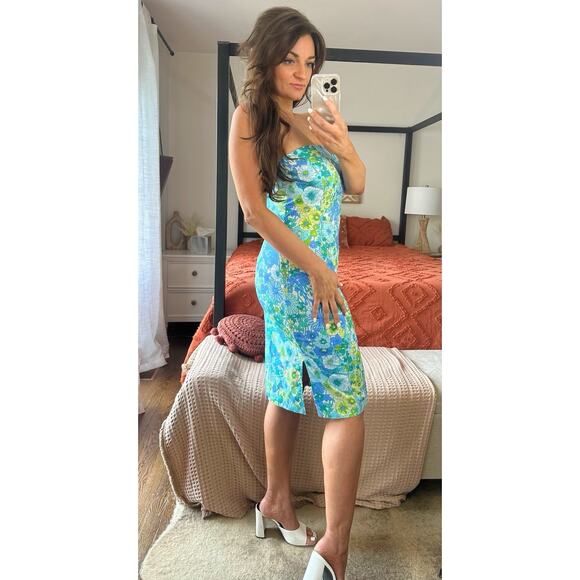 Y2k 90’s Zinc Size 13 Cotton Blue Green Floral Strapless Midi Pencil Dress - Picture 4 of 6
